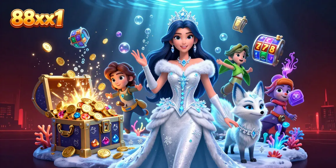 Experience the thrill of 88xx1 as the ice queen and her fox companion celebrate jackpot wins amidst vibrant casino treasures.