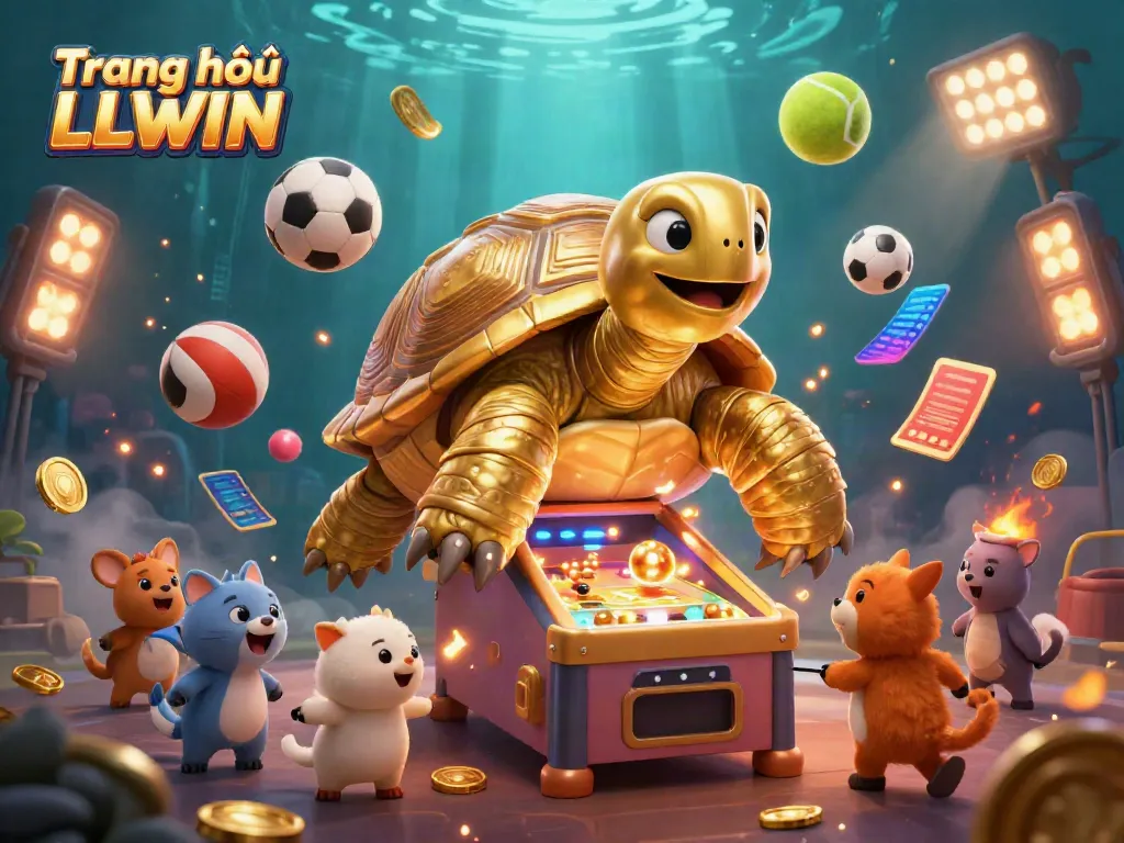 Experience the world of Trang chủ LLWIN with vibrant casino elements and a colossal golden tortoise in a dynamic setting.