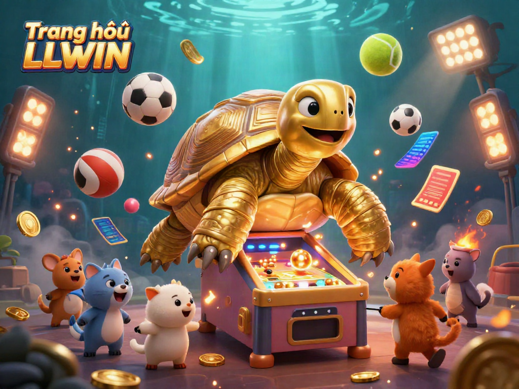 Experience the world of Trang chủ LLWIN with vibrant casino elements and a colossal golden tortoise in a dynamic setting.