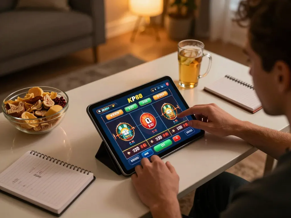Engaged user playing casino games on https://kp8888.net/ via tablet, showcasing dynamic betting environment.