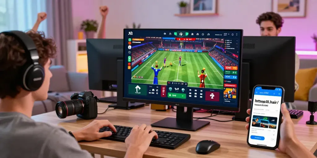 The thrilling online gaming experience at https://man88.hair/ featuring diverse players enjoying sports betting on multiple devices in a vibrant living room.