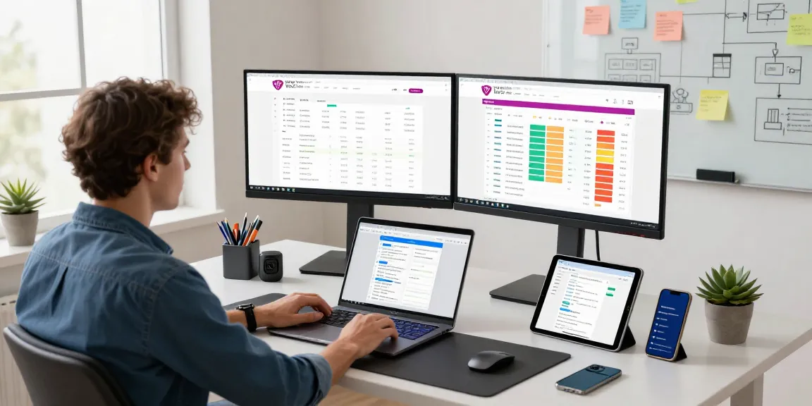 Professional workspace featuring WPS Official Website on monitors, showcasing productivity tools and modern tech.