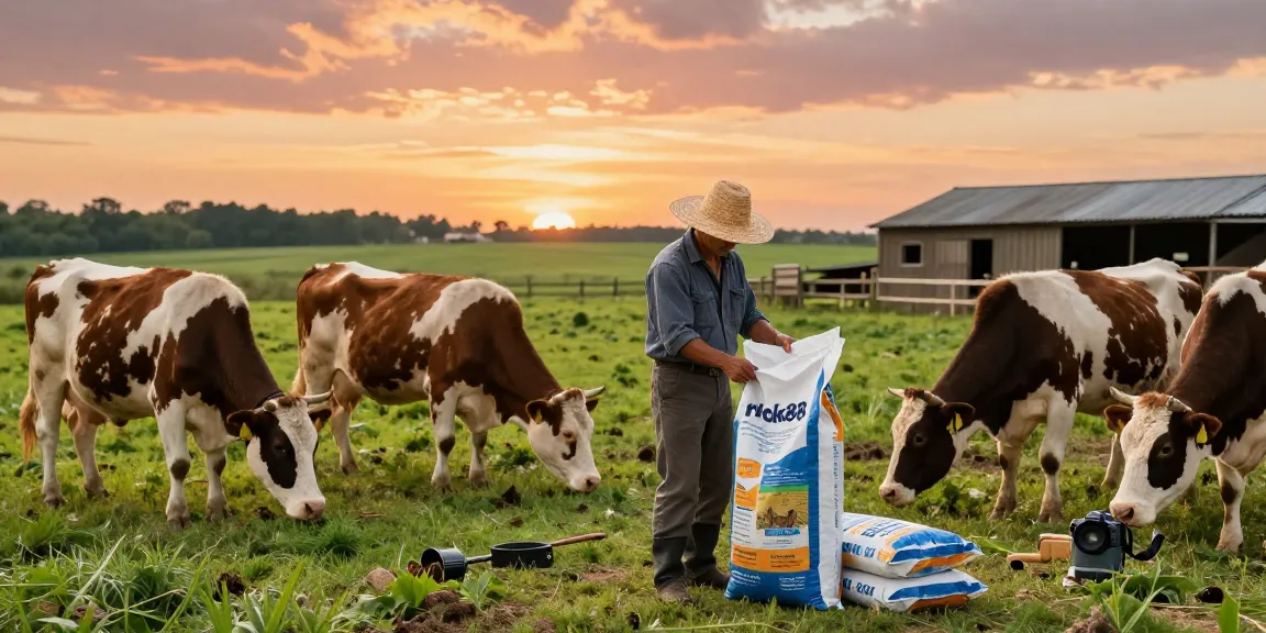Farmer with rokok88 livestock feed bags in a vibrant farm during sunset.