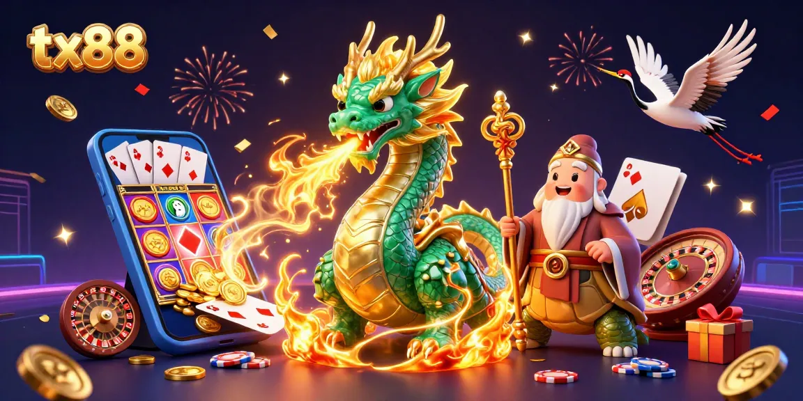 Colorful tx88 illustration showcasing a jade dragon, turtle sage, and lucky cranes with casino elements.
