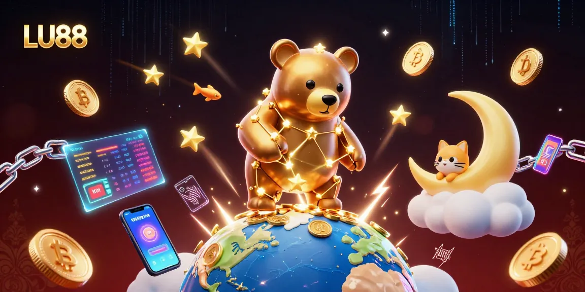 Engage with LU88's immersive casino experience featuring vibrant 3D illustration of a constellation bear and cryptos.
