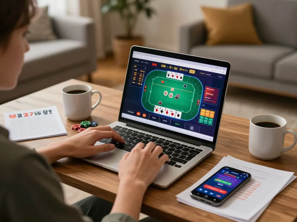 Player engaging in online poker at home, exploring xx88 gaming options comfortably with strategy notes.