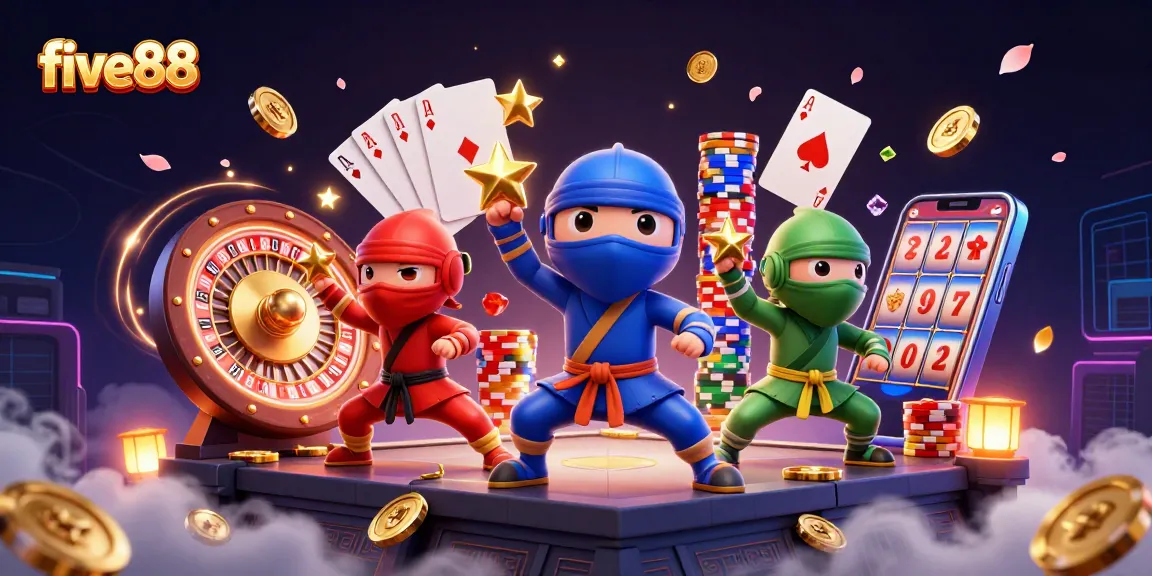 Engage with five88's thrilling casino experience featuring dynamic chameleon ninjas and sparkling gaming elements.
