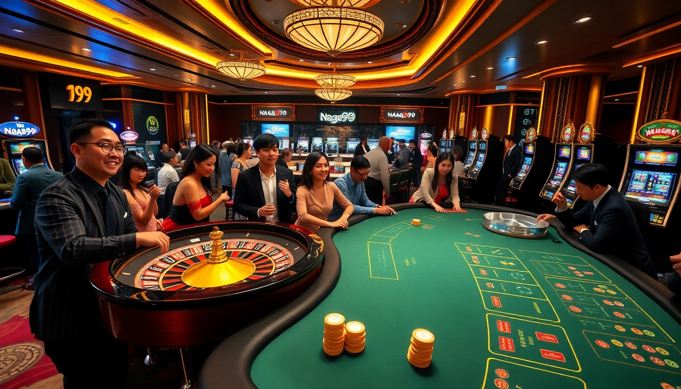 Naga99 casino scene with players enjoying roulette and poker, highlighting excitement and luxury.