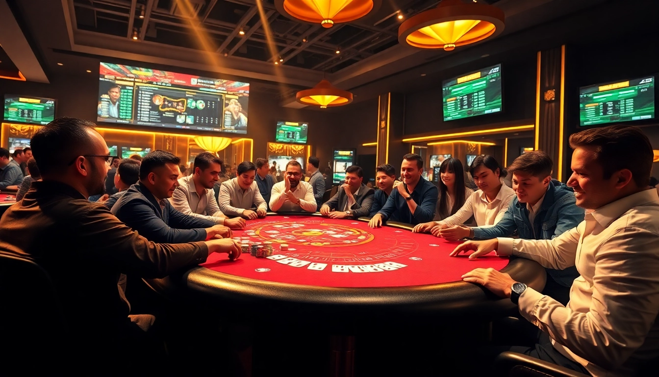 Engaging players enjoying a thrilling poker game with F8BET COM visuals in a luxurious casino setting.