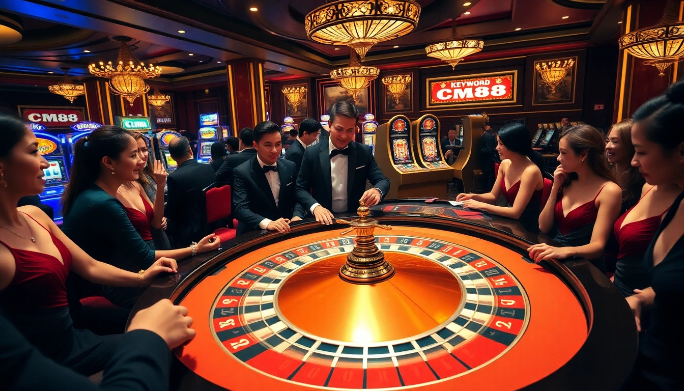 Excited gamblers place bets at the CM88 roulette table in a luxurious casino setting.