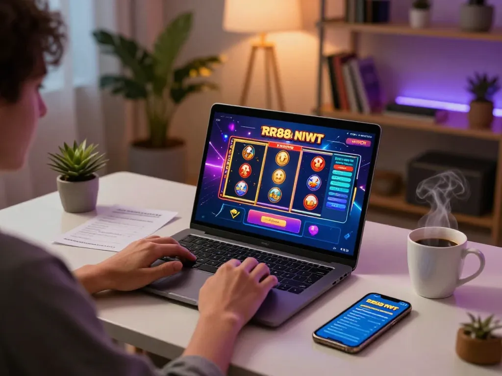 Player engaging with RR88's casino game on a laptop, showcasing strategic bankroll management.