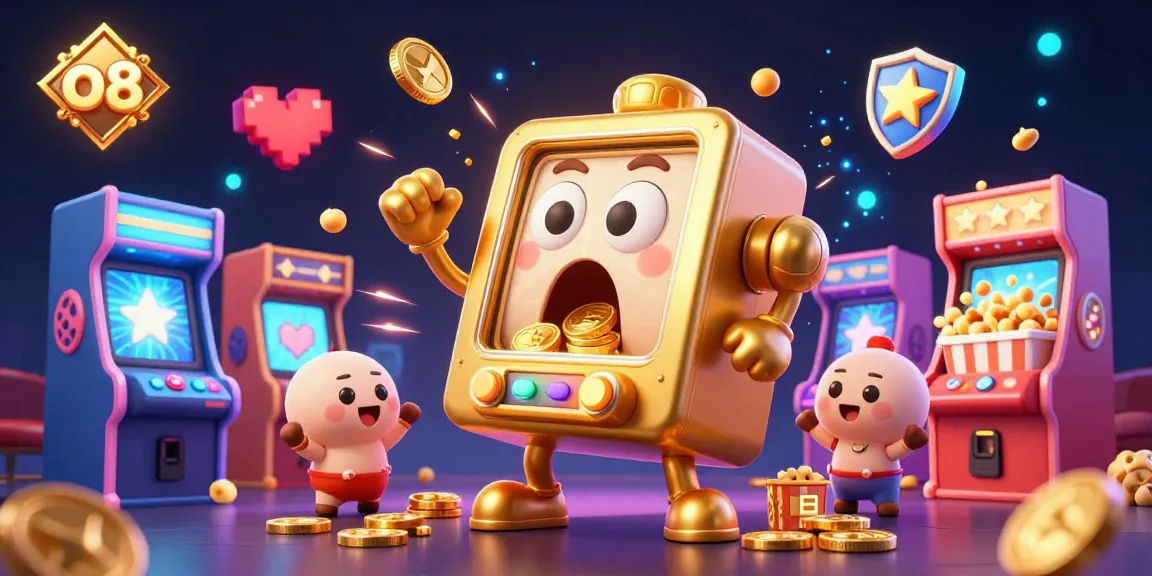 Experience the thrill of o8 with a lively scene of a golden slot machine hitting a jackpot while surrounded by cheering mini machines and vibrant arcade elements.