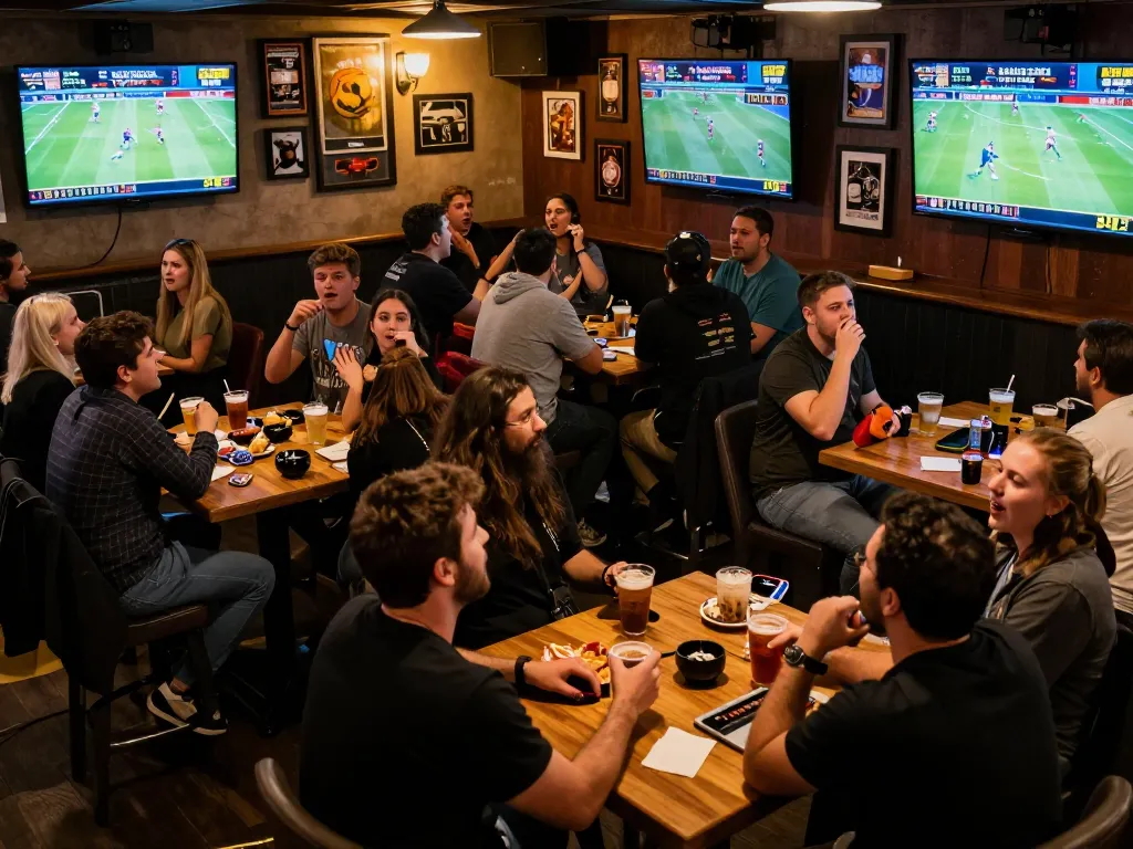 CM88 fans engaging in thrilling sports betting at a lively sports bar, with multiple screens showcasing live games.