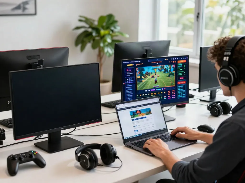 Engaged player experiencing online gaming at NBET with multiple screens and gaming accessories.