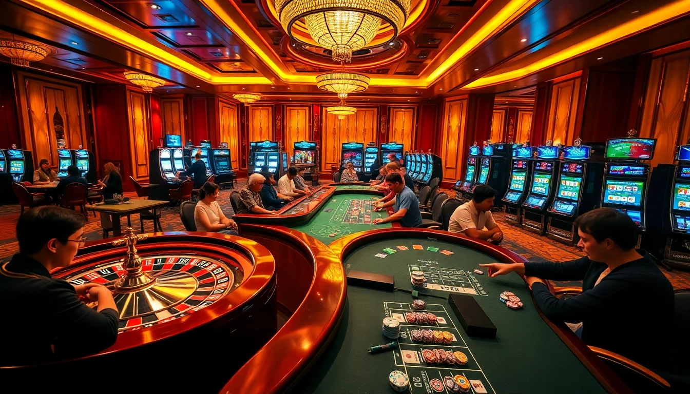 Players enjoying a dynamic casino experience at af88.com with bright slot machines and poker tables.