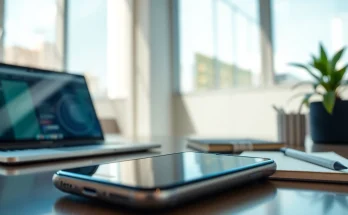 快连下载 app showcased on a mobile device in a modern workspace environment, emphasizing connectivity and technology.