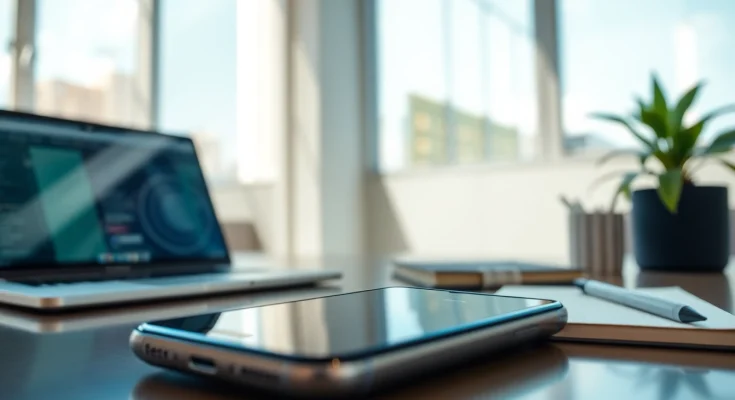 快连下载 app showcased on a mobile device in a modern workspace environment, emphasizing connectivity and technology.