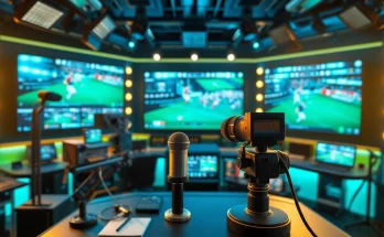 Engaging sports broadcasting studio displaying live sports events with advanced technology.