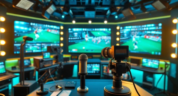Engaging sports broadcasting studio displaying live sports events with advanced technology.