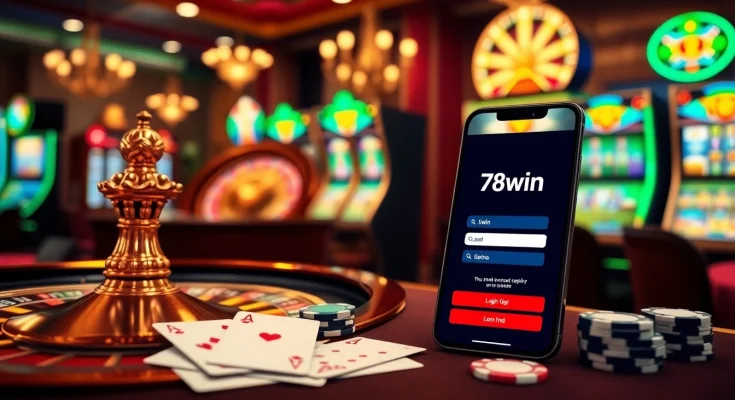 Experience the thrill of 78win đăng nhập with vibrant casino elements including poker chips and a roulette wheel.