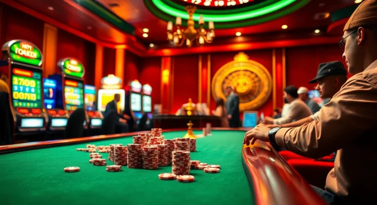 Experience the thrill of C168COM with intense poker action amidst vibrant casino gaming elements.