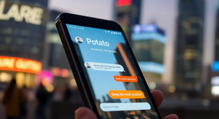 Potato secure messaging app interface on a smartphone, highlighting anonymity and encryption.