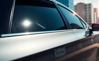 Featuring a window tint gift card, this image shows a modern car with sleek tinted windows in a vibrant city.