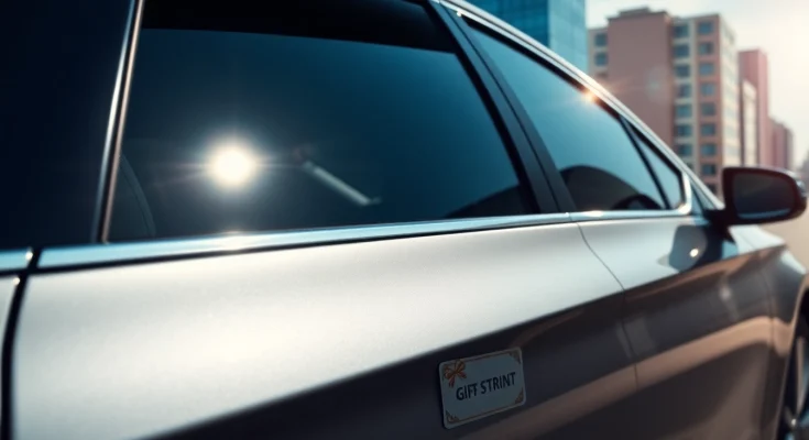 Featuring a window tint gift card, this image shows a modern car with sleek tinted windows in a vibrant city.
