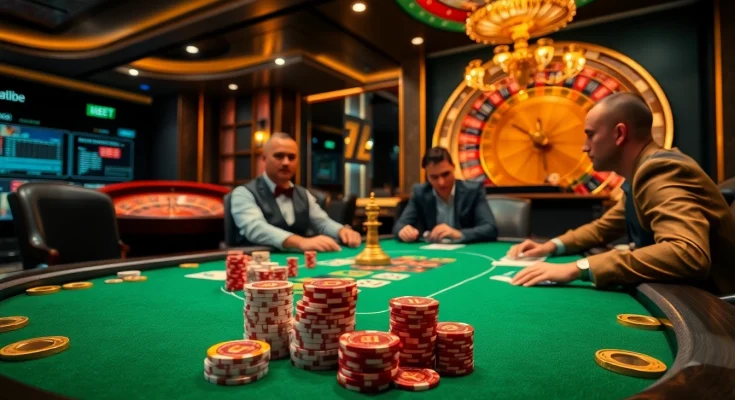Players engage at a thrilling poker table with chips and cards, showcasing https://debet678.com/ for gamblers.
