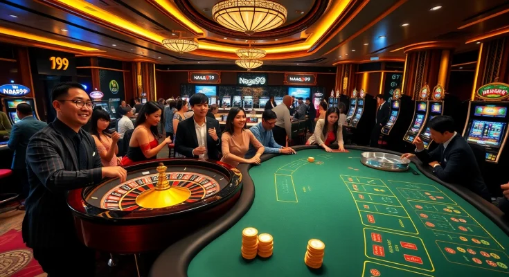 Naga99 casino scene with players enjoying roulette and poker, highlighting excitement and luxury.