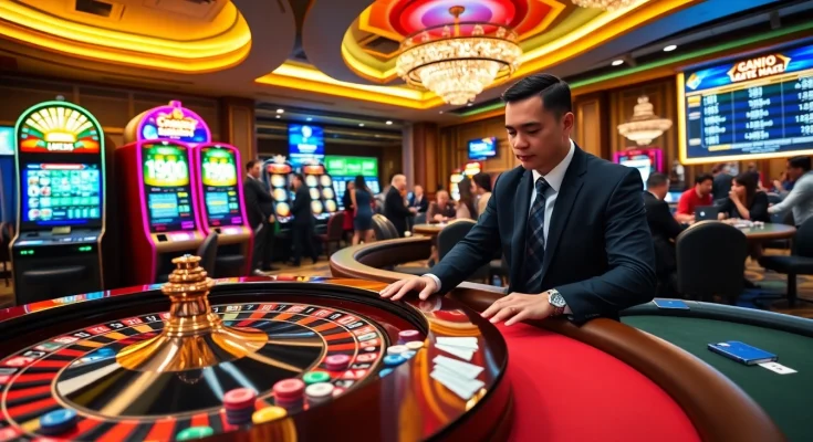Exciting gambling scene at cm88.mobi featuring a vibrant casino atmosphere with roulette table and players.