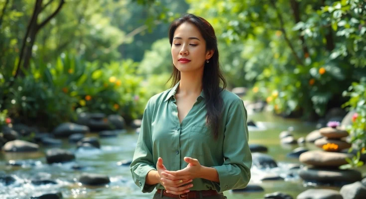 Manage stress and anxiety with techniques illustrated by a wellness coach outdoors.