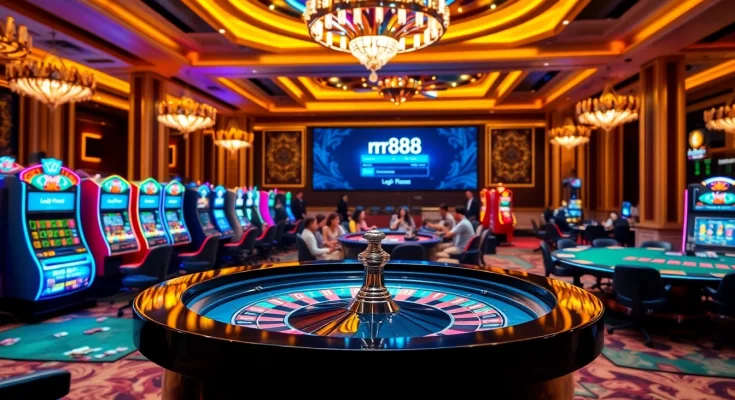 Experience rr88 đăng nhập in a vibrant casino atmosphere filled with gaming tables and slot machines.