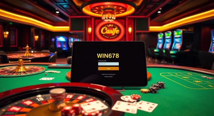 Engaging scene showcasing the WIN678 login interface amidst vibrant casino elements like poker chips and cards.