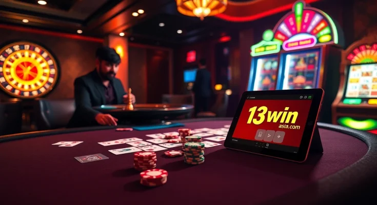 Engage with 13win-asia.com at a luxurious casino table featuring vibrant slot machines and professional dealers.