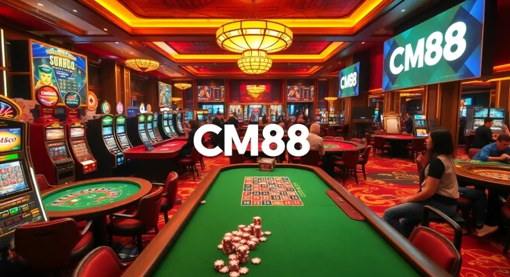 CM88 players enjoying thrilling moments at a luxurious casino, with vibrant slot machines and card games.