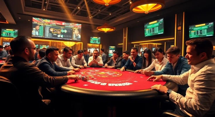 Engaging players enjoying a thrilling poker game with F8BET COM visuals in a luxurious casino setting.