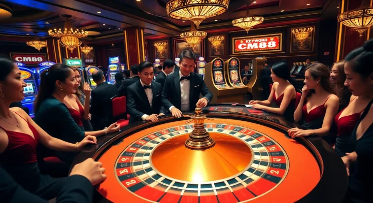 Excited gamblers place bets at the CM88 roulette table in a luxurious casino setting.