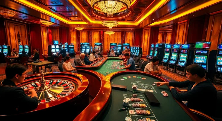 Players enjoying a dynamic casino experience at af88.com with bright slot machines and poker tables.