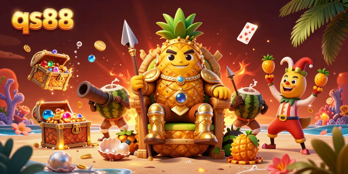 Engage with qs88's vibrant gaming scene featuring a golden pineapple king, lively characters, and dynamic treasure elements.