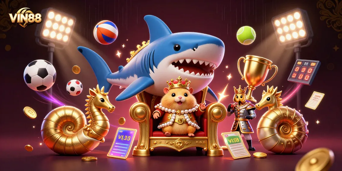 Experience the excitement of VIN88 with a vibrant 3D gaming scene filled with dynamic sports action and golden treasures.