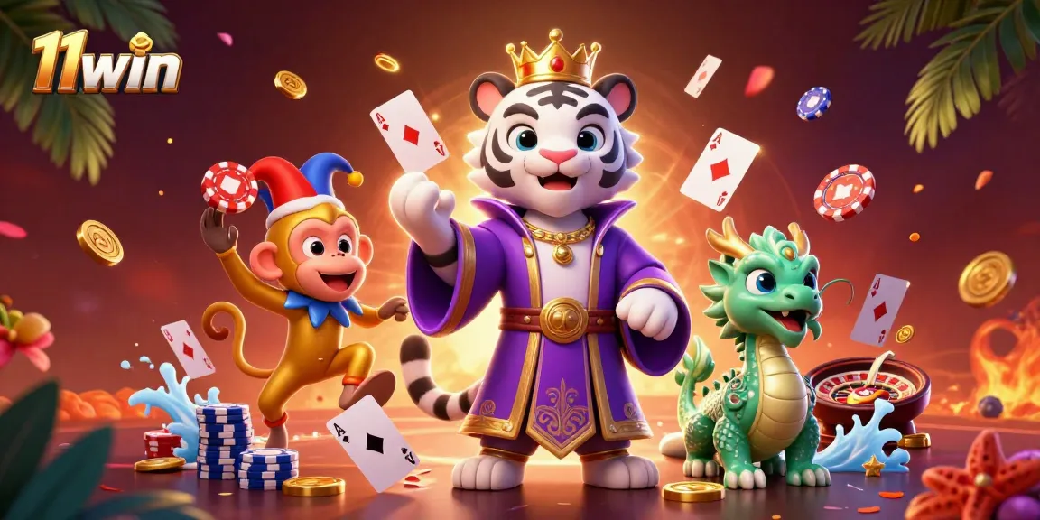 Play poker and win big with 11win featuring a royal tiger and playful monkey in a vibrant casino scene.